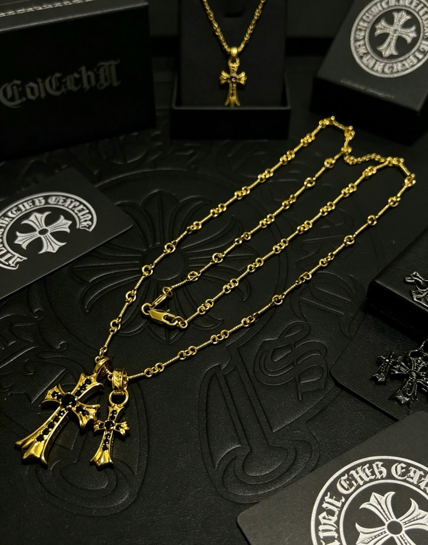 Chrome Hearts Gold Cross Pendant Necklace with Black Stones